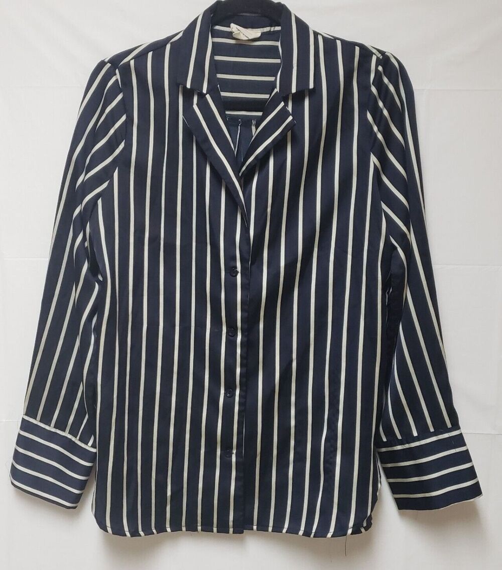 Women’s Emory Park Black & White Stripe Button-Down Shirt Long Sleeve Size S POE